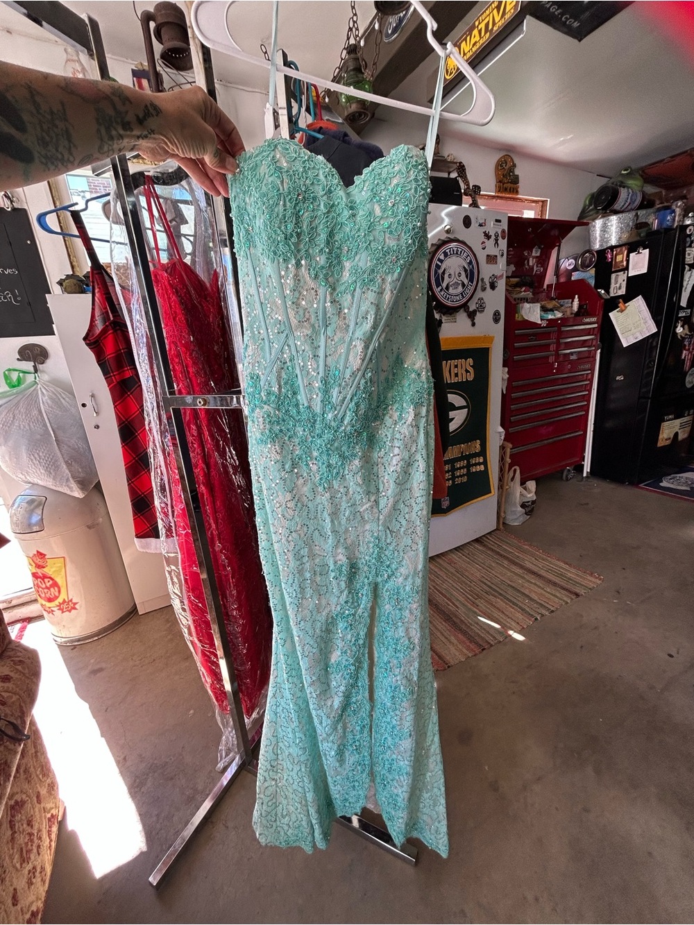 Strapless Beaded Lace Evening Gown - Mint Small